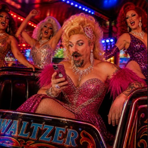 A drag queen on a waltzer looking at her phone. Other drag queens are dancing around in the background.